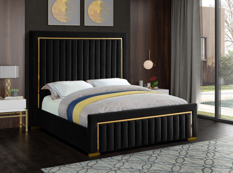 Black Velvet Platform Bed with Gold Metal Trim and Vertical Channeling