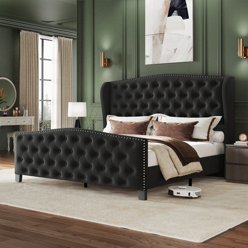 Black Velvet Platform Bed with Wingback Headboard and Diamond Tufting