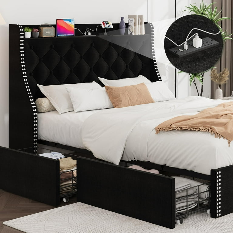 Black Velvet Storage Bed with Mesh Storage Drawers and Nailhead Trim
