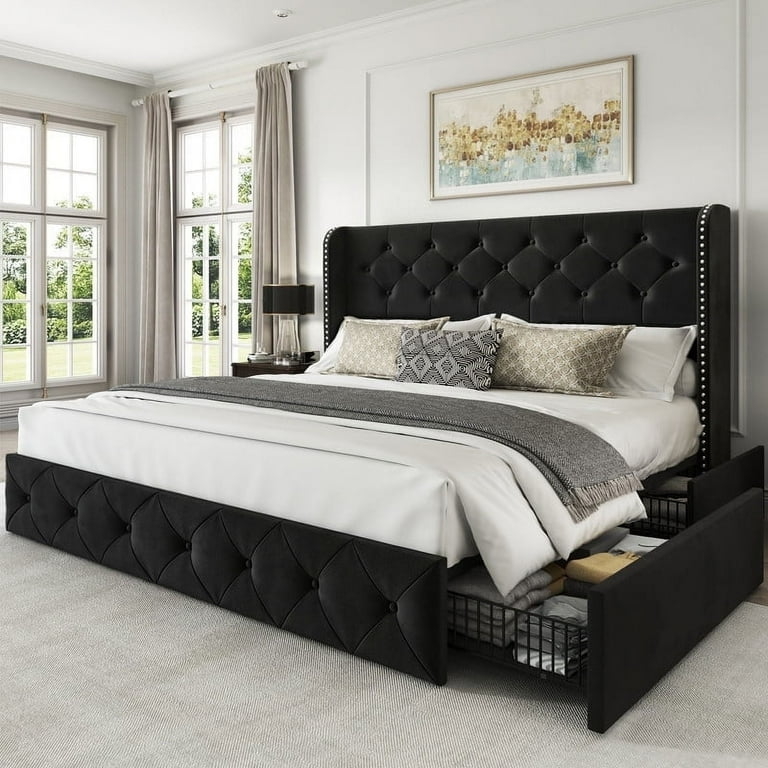 Black Velvet Storage Bed with Wingback Diamond Tufting