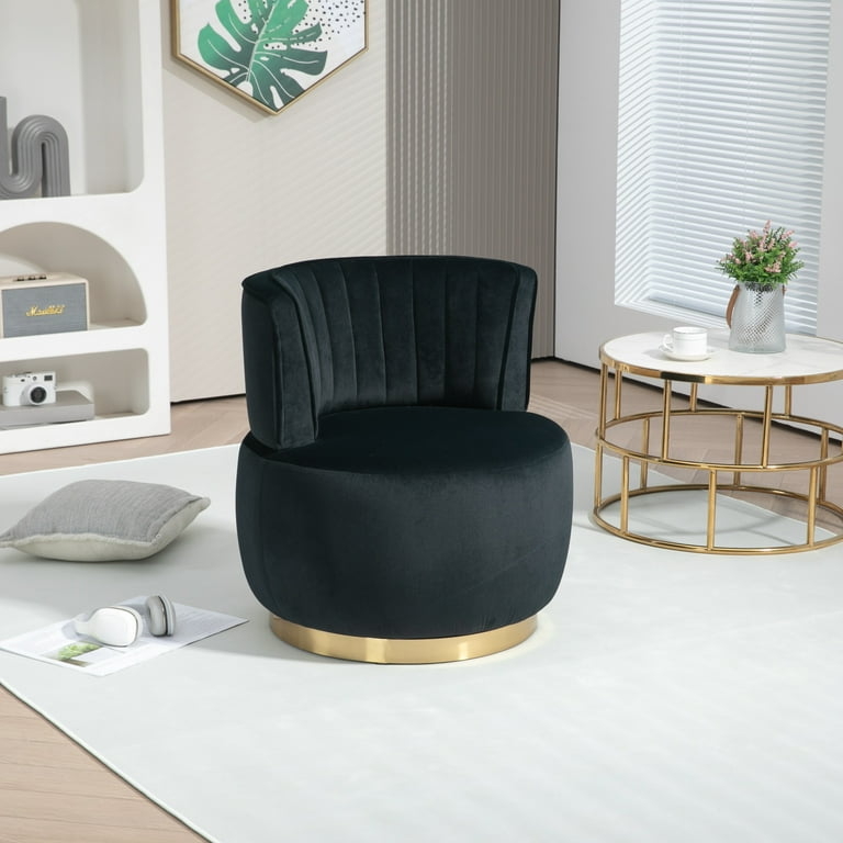 Black Velvet Swivel Chair with Channel Tufted Back and Wide Seat