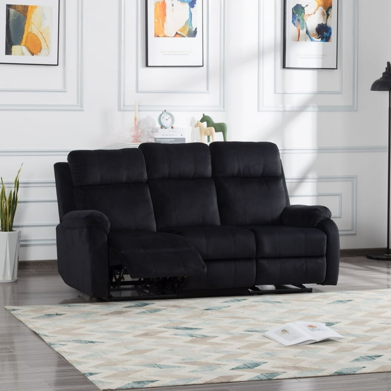 Black Velvet Three-Seat Reclining Sofa, Plush Comfort