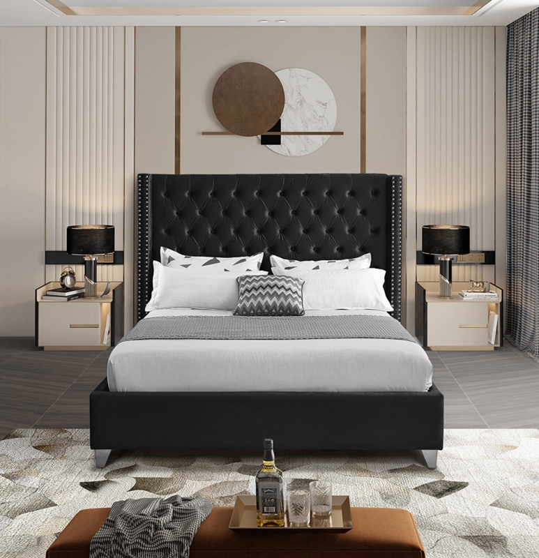 Black Velvet Upholstered Bed with Diamond Tufting and Wingback Headboard