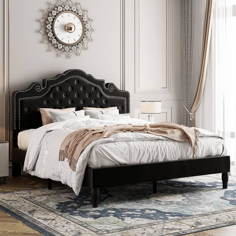 Black Velvet Upholstered Bed with Scalloped Headboard and Nailhead Trim