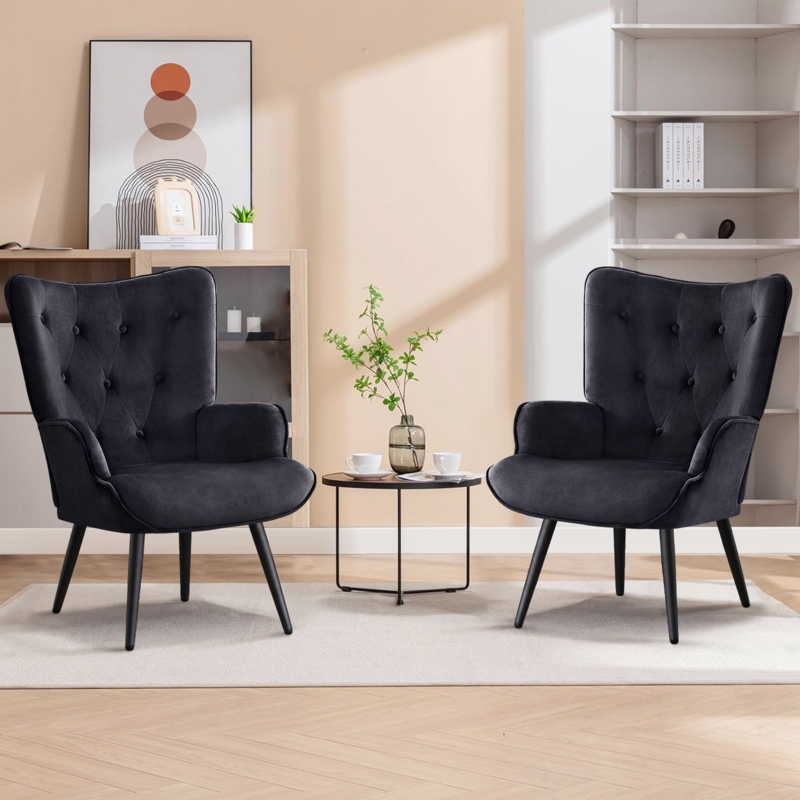 Black Velvet Wingback Accent Chairs Button Tufted Tapered Legs
