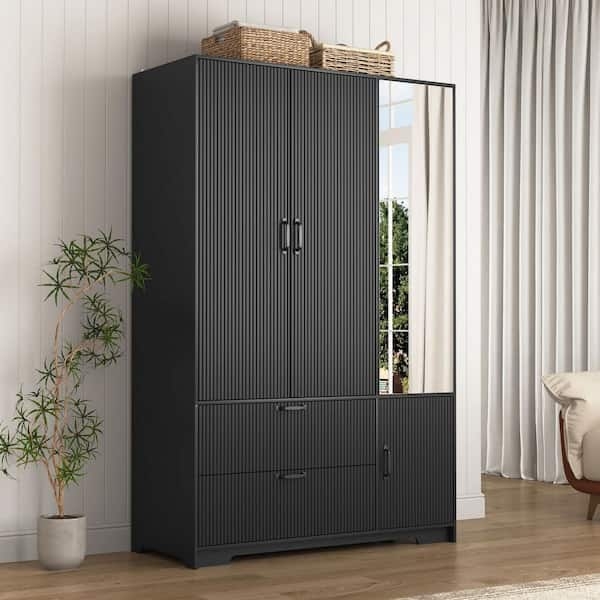 Black Wardrobe Armoire featuring Vertical Ribbed Texture and Mirror