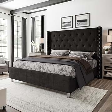 Black Wingback Bed with Extra-Tall Headboard & Nailhead Trim Details