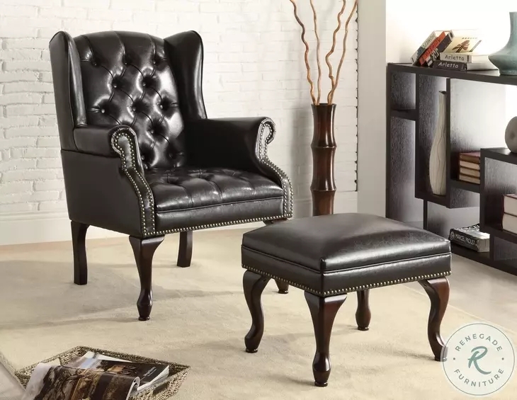 Black Wingback Chair Set Faux Leather Silver Nailhead Trim Tufted