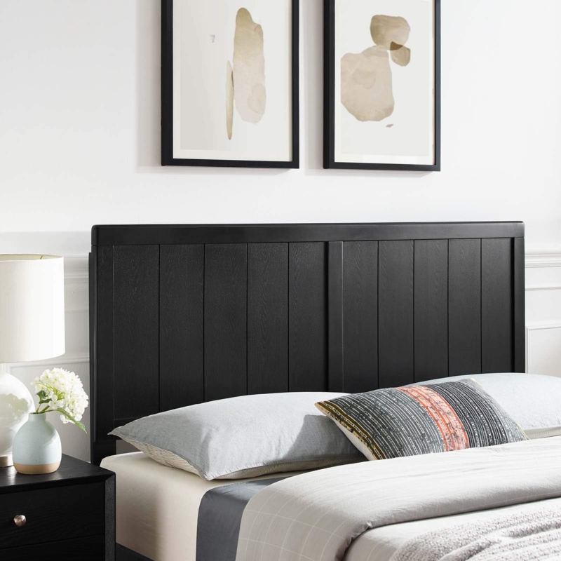 Black Wood Headboard Vertical Paneling Matte Finish Wood Grain Detail King