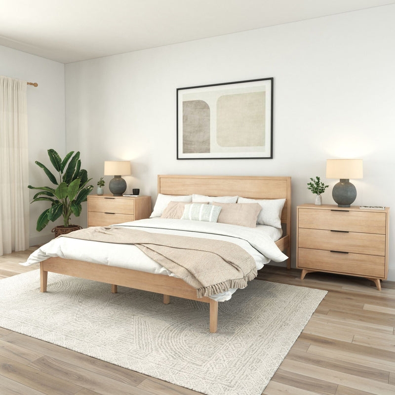 Blonde Wood Bed Frame with Vertical Panel Detail, No Box Spring Needed