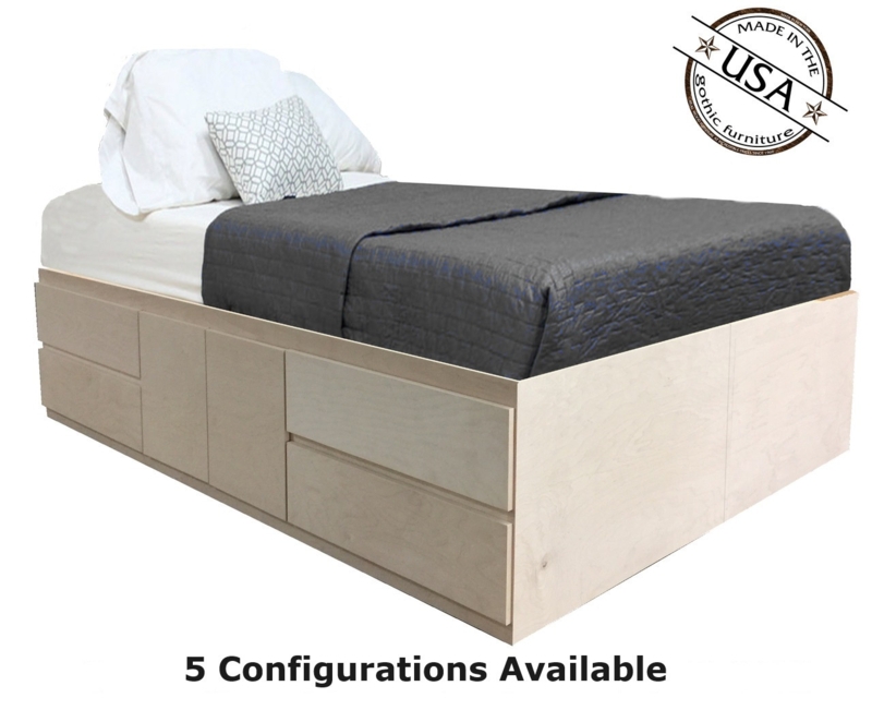 Blonde Wood Storage Bed Integrated Cabinet Doors Handleless Base
