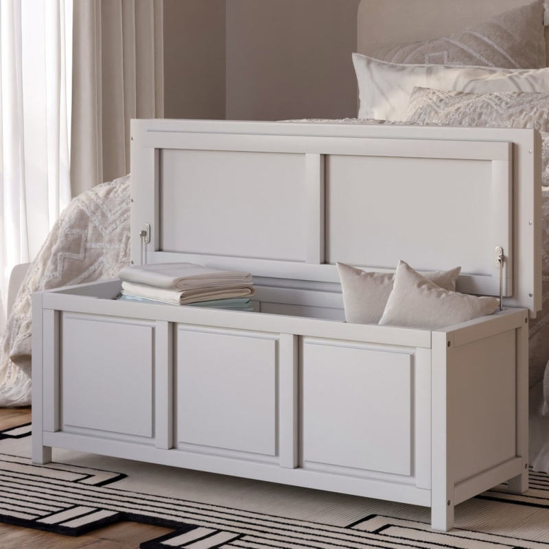 Blonde Wood Storage Bench with Dual Slatted Shelves and Cream Cushion