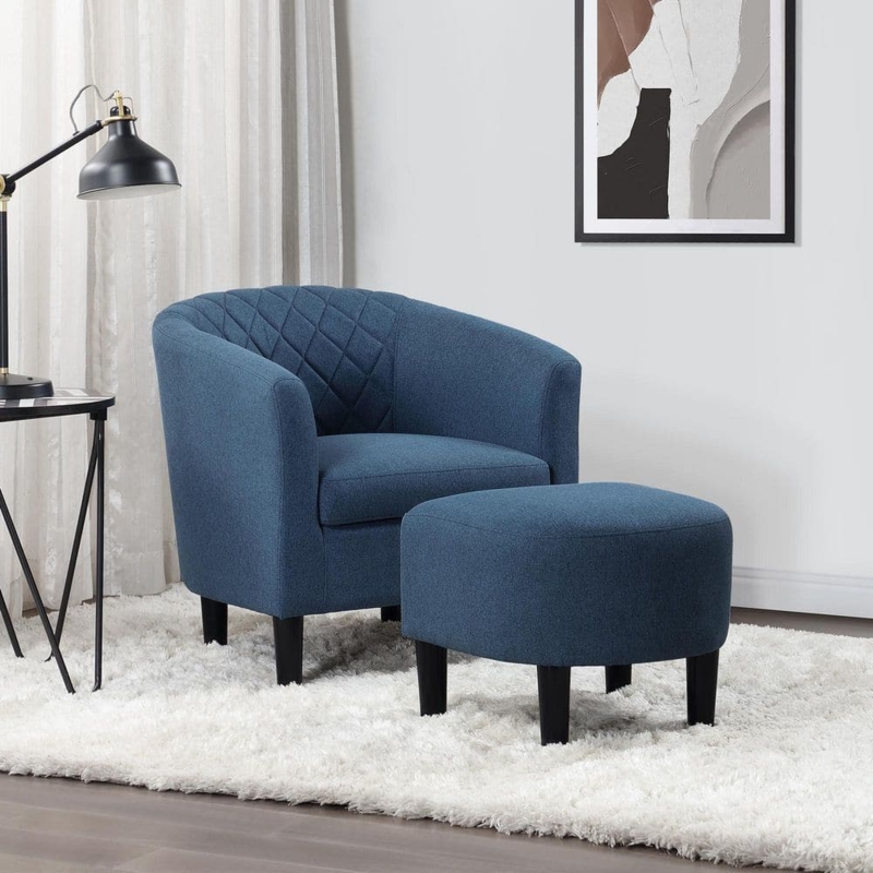 Blue Accent Chair With Diamond Quilting And Matching Ottoman