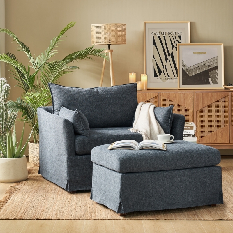 Blue Accent Chair With Slipcovered Silhouette And Ottoman