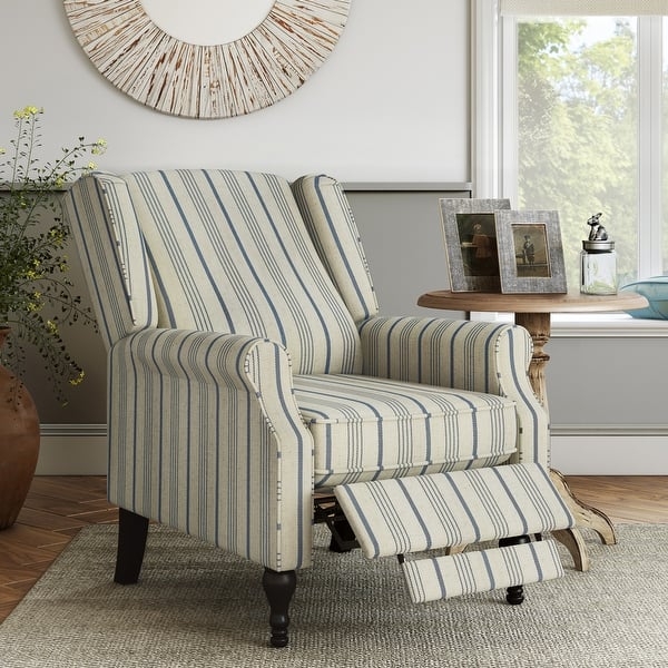 Blue and Cream Ticking Stripe Wingback Push-Back Recliner