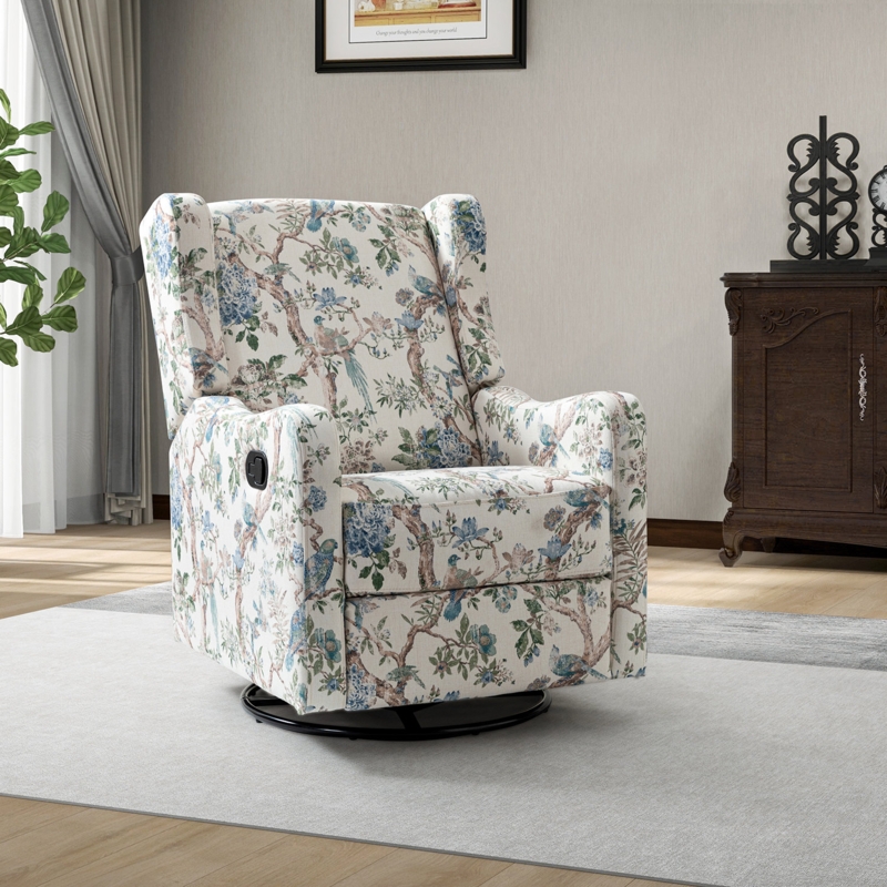 Blue And White Floral Glider Bird Print Nursery Chair Swivel Base