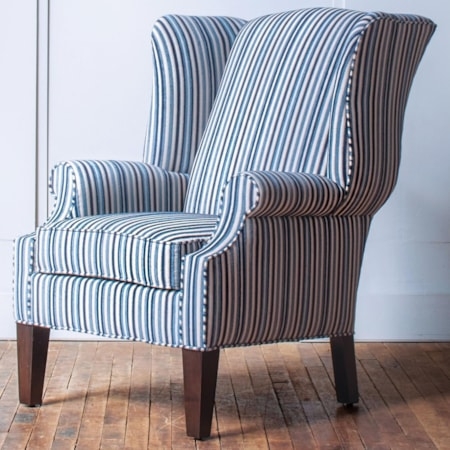 Blue and White Striped Wingback Chair with Tapered Legs