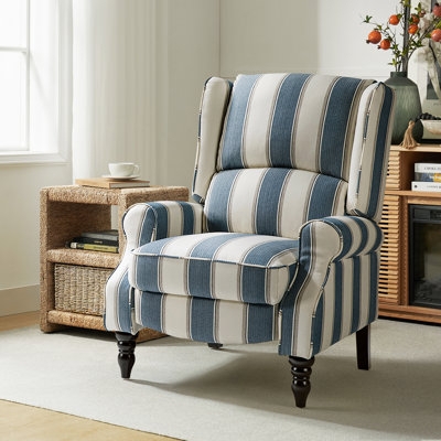 Blue and White Striped Wingback Manual Recliner with Turned Legs