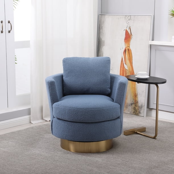 Blue Boucle Swivel Barrel Chair with Metallic Plinth Base