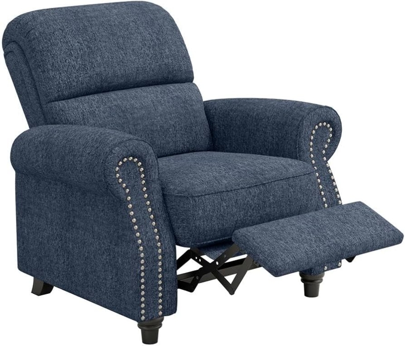 Blue Chenille Wingback Recliner Chair with Silver Nailhead Trim Accents