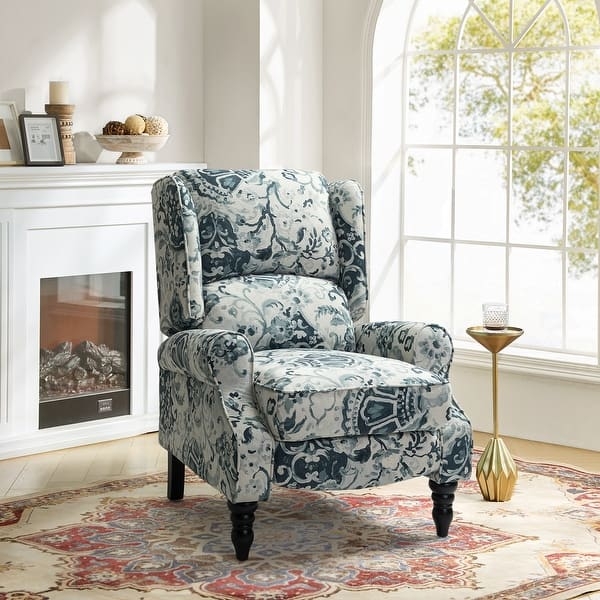 Blue Damask Recliner Wingback Spindle Leg Armchair Traditional