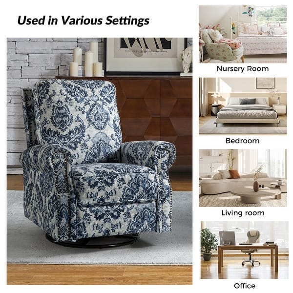 Blue Damask Swivel Rocker Recliner with Rolled Arms