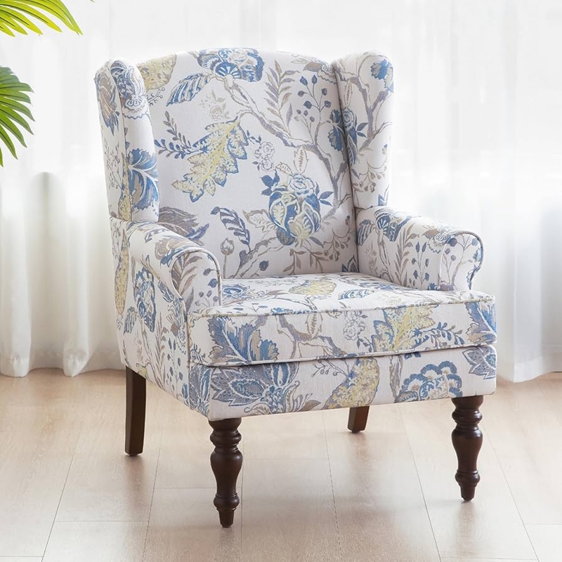 Blue Floral Wingback Chair with Dark Turned Legs