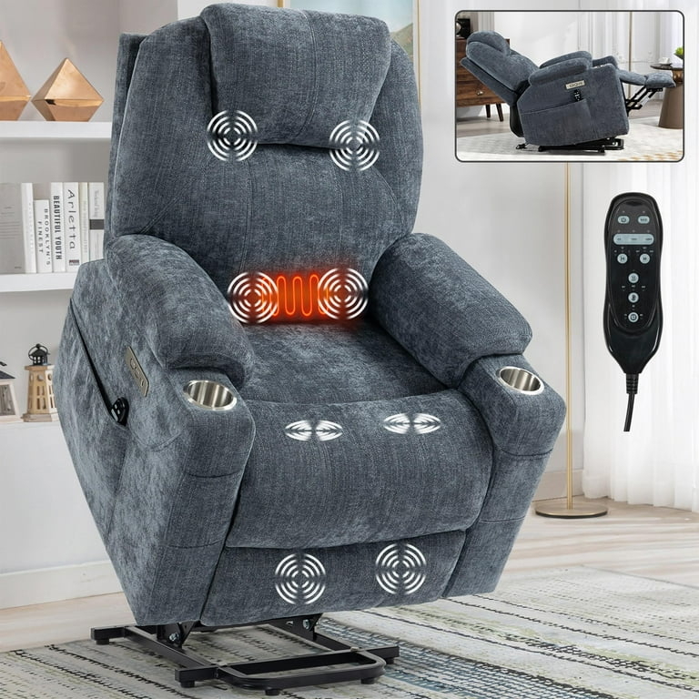 Blue-Grey Lift Recliner with Stainless Steel Cup Holders