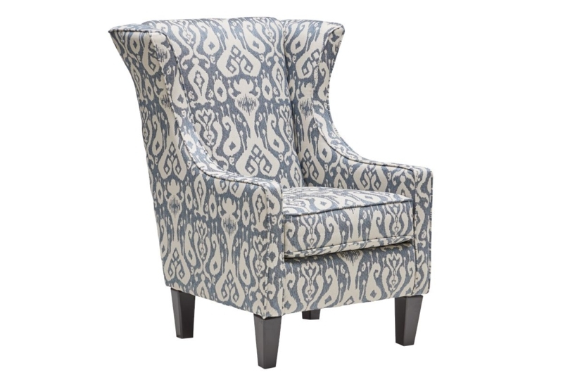 Blue Ikat Patterned Wingback Chair with Flared Tulip Arms