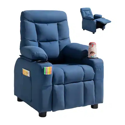 Blue Kids Recliner Chair with Dual Cupholders and Side Storage Pockets