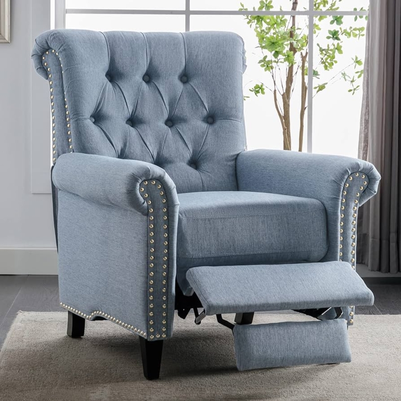 Blue Linen Tufted Recliner Chair with Silver Nailhead Trim and Rolled Arms