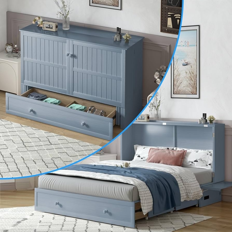 Blue Murphy Cabinet Bed Horizontal Design with Beadboard Panels
