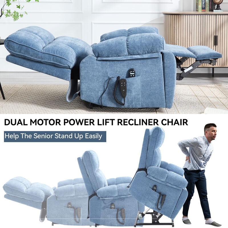 Blue Power Lift Recliner Chair Dual Motor Upholstered Fabric Woven