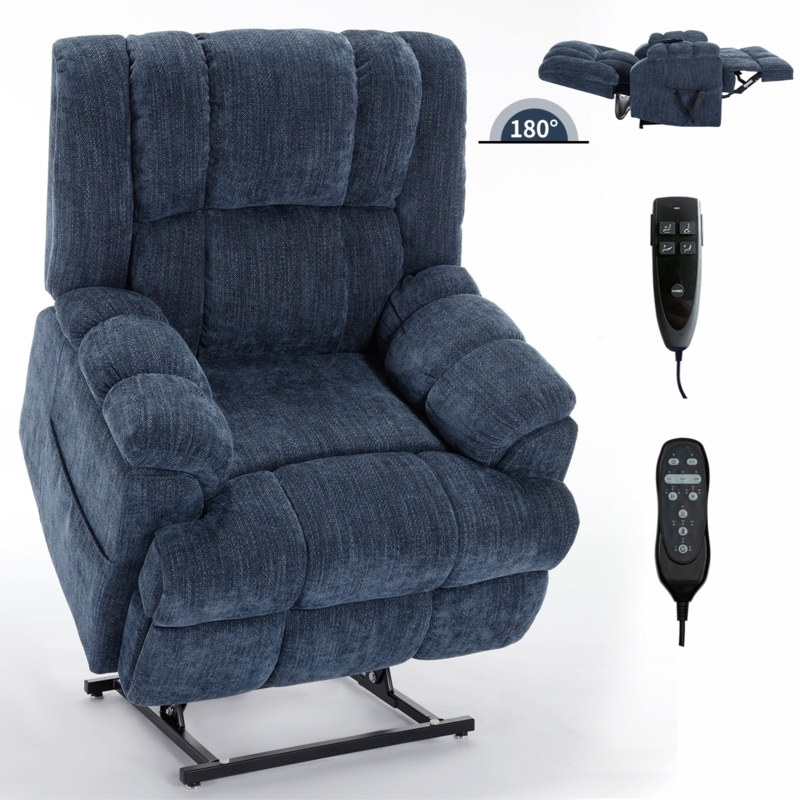 Blue Power Lift Recliner featuring Lay Flat Recline & Tiered Backrest