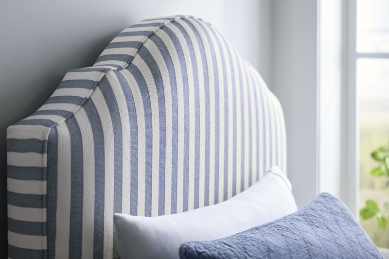 Blue Striped Headboard Scalloped Top Arched Silhouette Welt Trim