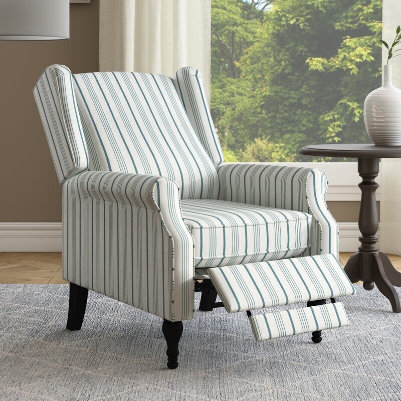 Blue Striped Wingback Recliner with Nailhead Trim Details