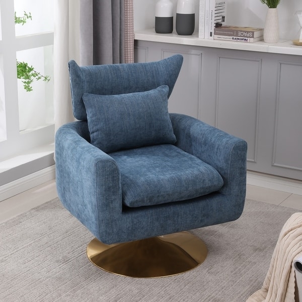 Blue Woven Wingback Swivel Chair with Gold Pedestal Base