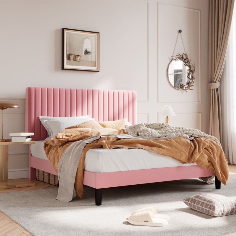 Blush Pink Platform Bed Channel Tufted Velvet Upholstered Frame