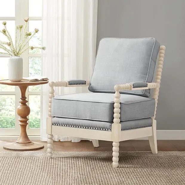 Bobbin Accent Chair, Light Blue Upholstery, Nailhead Trim