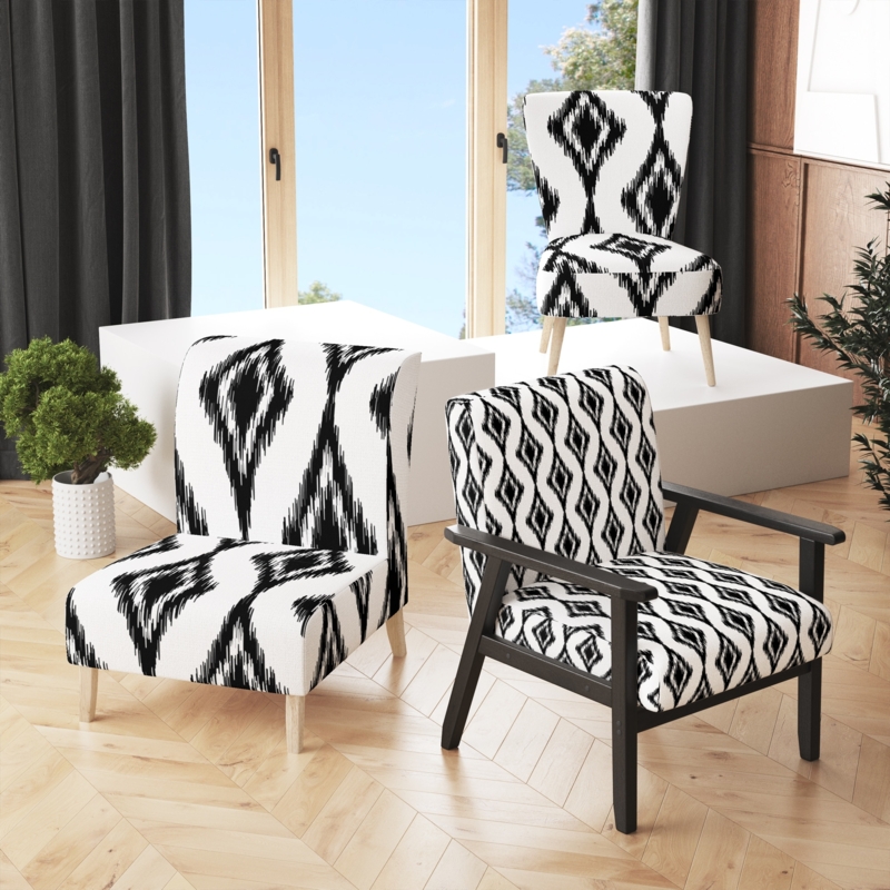 Bohemian Accent Chair Ethnic Motif Black White Ikat Print