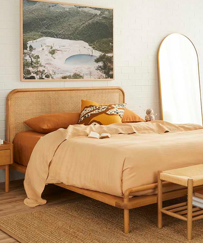Bohemian Platform Bed Arched Top Woven Rattan Headboard Wood Toned