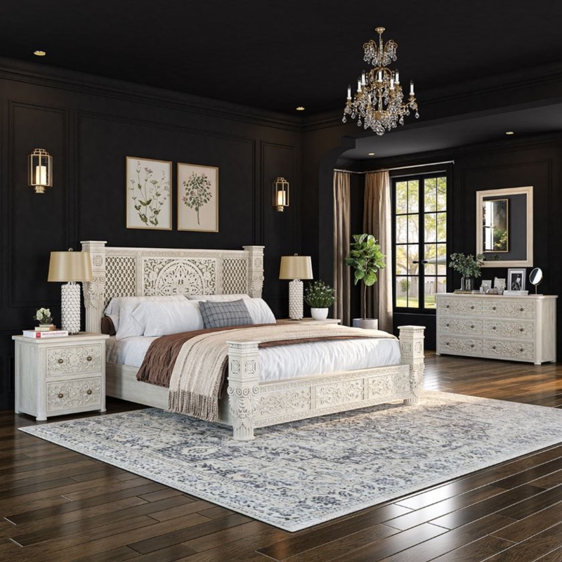 Boho Chic Bed Frame Whitewashed Hand Carved Mandala Headboard Details