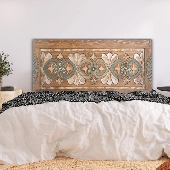 Boho Headboard with Distressed Wood & Carved Floral Scrollwork