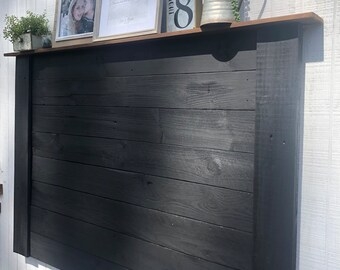 Boho Headboard with Integrated Top Shelf and Rustic Horizontal Planks