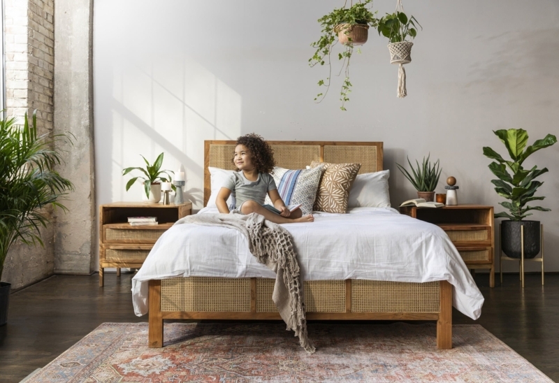Boho Modern Platform Bed with Cane Panels