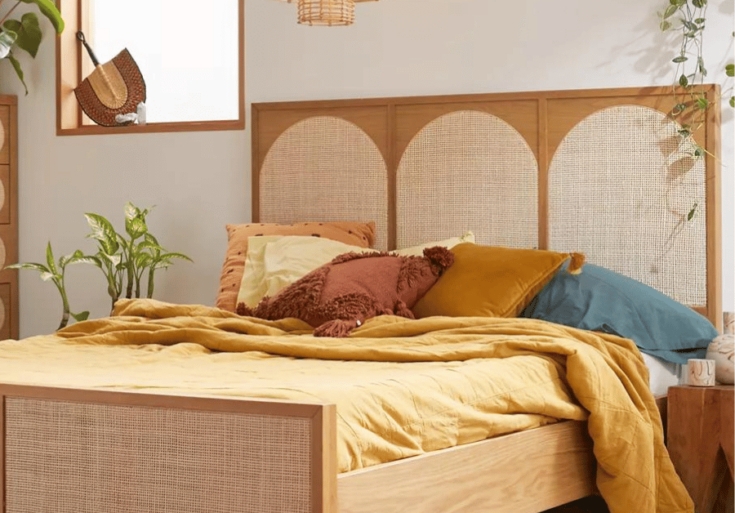 Boho Wood Bed Frame with Arched Rattan Panels