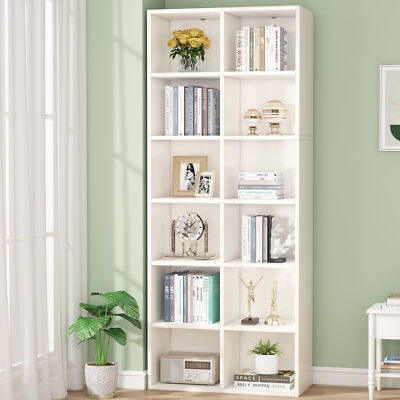 Bookcase 12 Cube Tall Vertical Storage Matte White Finish