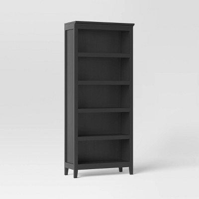 Bookcase 5-Shelf Matte Black Crown Molding Tapered Legs Transitional