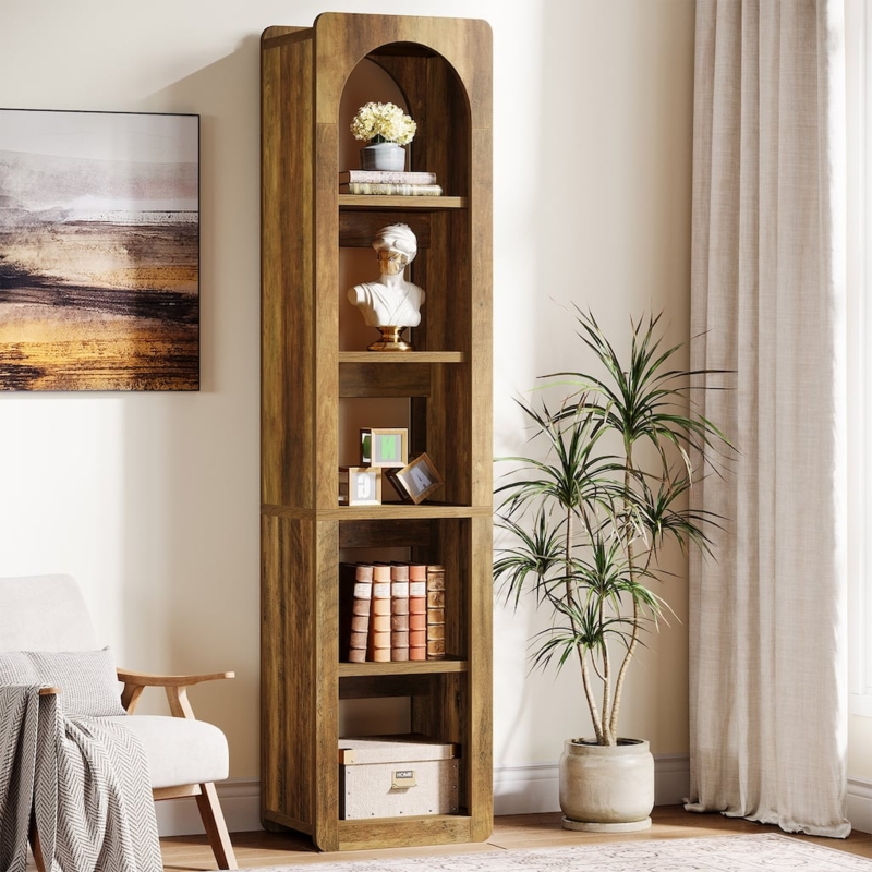 Bookcase Arched Top 5-Tier Slim Medium Wood Finish