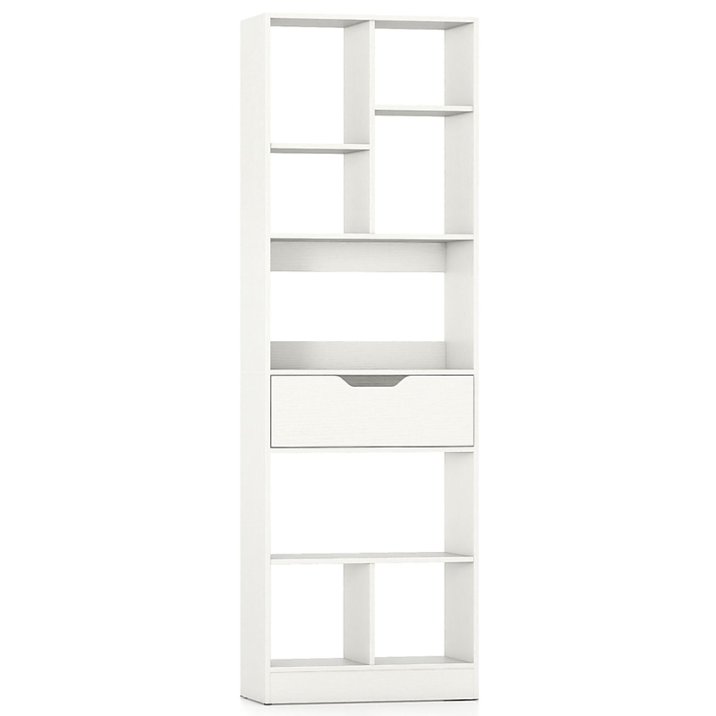 Bookcase Asymmetrical Cubes Integrated Drawer Matte Finish Vertical Shelving
